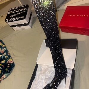 Fashion Nova Black Rhinestone Over the Knee Boots